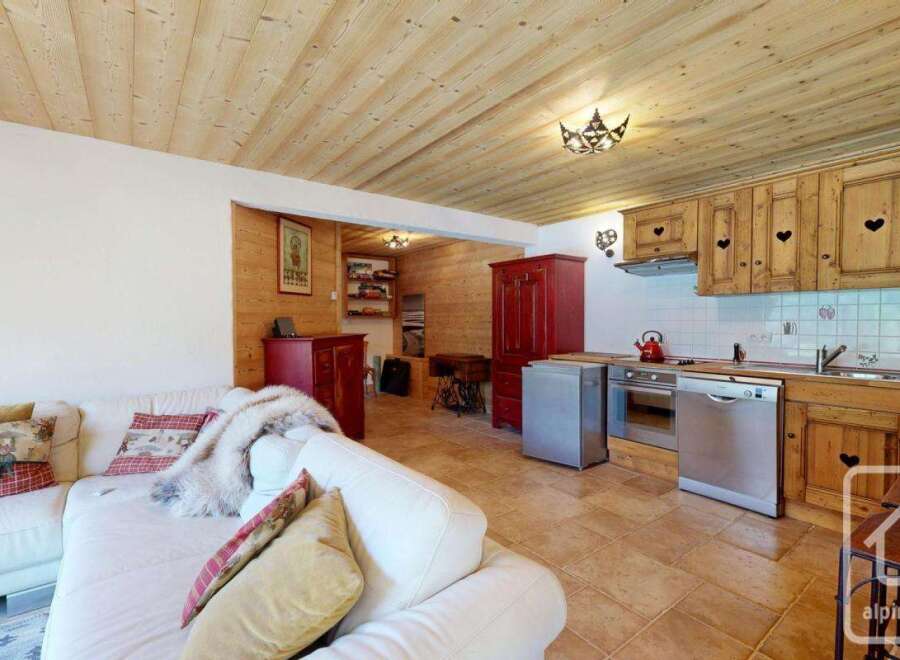 Discover the charm of this cozy property, featuring a rustic kitchen with wooden cabinets and a modern stainless steel dishwasher.
