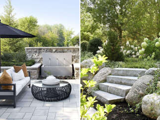 This stunning outdoor space features a modern patio with a comfortable seating area, perfect for relaxing and entertaining.