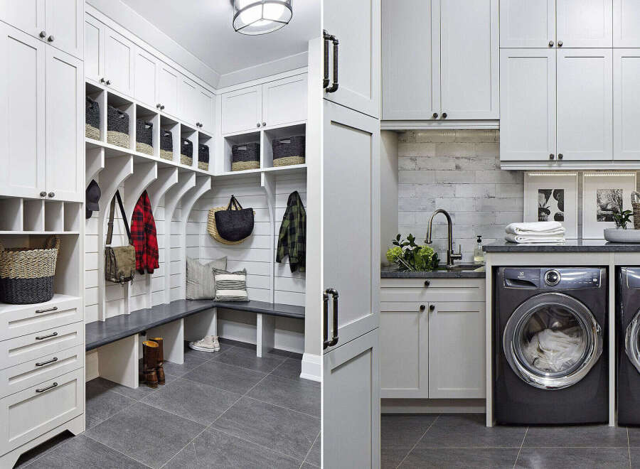 This stunning laundry room and mudroom combination offers both functionality and style.