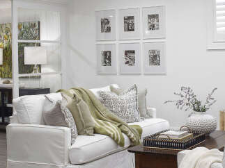 This inviting living space features a comfortable white sofa adorned with decorative pillows and a cozy green throw blanket.