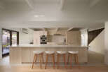 This modern kitchen boasts a sleek design with light wood cabinetry and a spacious island.