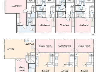 Discover a modern apartment layout featuring multiple bedrooms, bathrooms, and powder rooms, perfect for comfortable living.