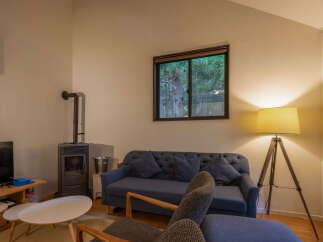 This cozy living room features a stylish blue sofa, perfect for relaxing.