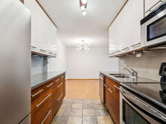 This stunning kitchen boasts sleek, modern design with ample storage and counter space.