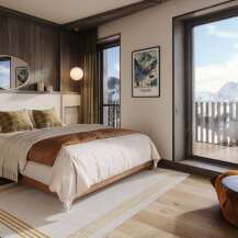 Experience luxury living in this stunning bedroom with breathtaking mountain views.