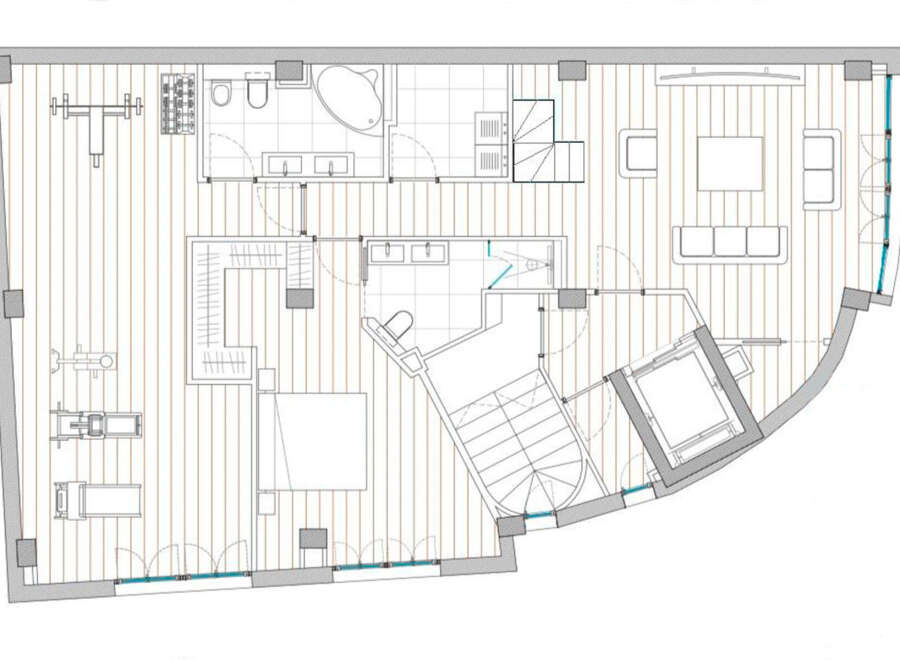 Discover luxury living in this stunning property! This floor plan showcases a modern design with spacious rooms, including a master suite, a well-equipped gym, and a stylish living area.