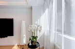 Bright and airy living space featuring sheer white curtains that allow natural light to flood the room.