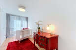 This charming nursery features a cozy white crib set against a vibrant red rug, creating a playful and inviting atmosphere.