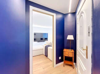 Step into this stylish apartment featuring a striking navy blue hallway that leads to a bright and modern living space.