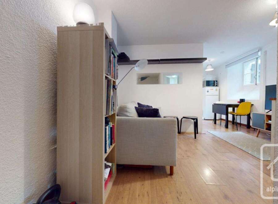 Discover this stylish apartment featuring a cozy living area with a comfortable sofa and a well-stocked bookshelf.