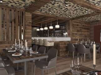 Experience the epitome of rustic elegance in this stunning restaurant interior.