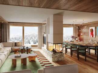 Experience luxury living in this stunning property featuring a cozy fireplace and a spacious dining area, perfect for entertaining.