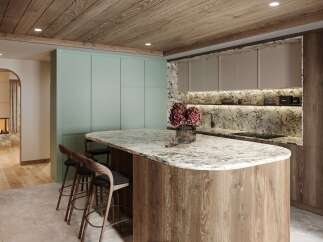 This stunning kitchen boasts a modern design with a touch of rustic charm.