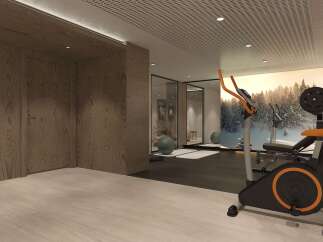 Step into your dream home gym! This space boasts a modern design with high-end finishes, including wood paneling and sleek flooring.