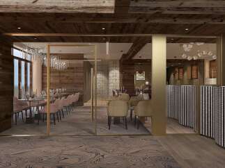 Step into luxury with this stunning restaurant interior, featuring a warm and inviting ambiance.