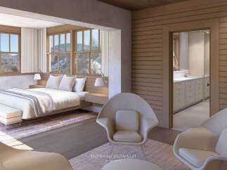 This stunning bedroom boasts a seamless blend of modern design and natural elements, creating a serene retreat.