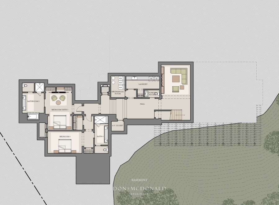 Explore this meticulously designed basement layout, featuring three spacious bedrooms, including two suites, and two full bathrooms, plus an additional powder room.