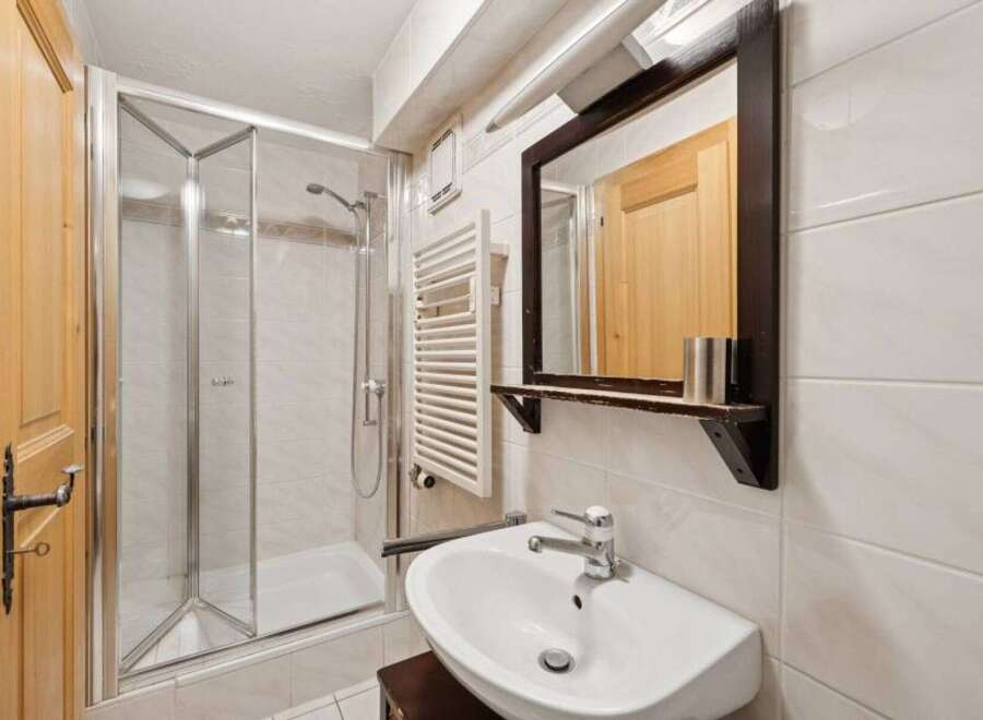 This charming bathroom features a modern shower enclosure, a stylish sink, and a large mirror.