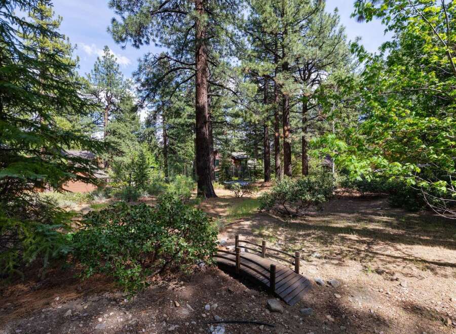 Discover your dream retreat nestled in nature's embrace! This property boasts a charming wooden bridge, leading to a serene outdoor space.