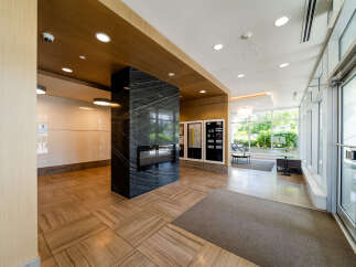 Step into the inviting lobby of this modern property, showcasing a sleek design with a striking black marble pillar and a built-in fireplace.