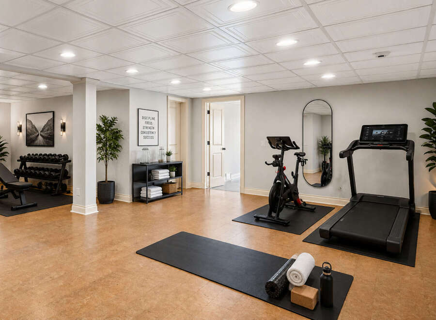 Transform your home into a personal fitness sanctuary with this well-equipped gym space.