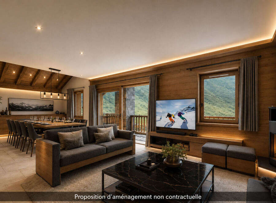 Experience luxurious mountain living in this stunning chalet-style living room, featuring a spacious dining area and a cozy seating arrangement perfect for relaxation.