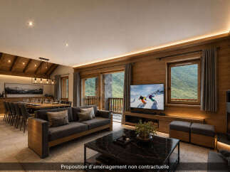 Experience luxurious mountain living in this stunning chalet-style living room, featuring a spacious dining area and a cozy seating arrangement perfect for relaxation.