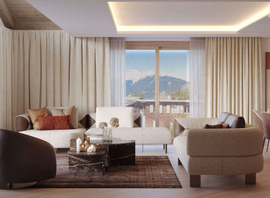 Experience luxury living in this stunning property, featuring a beautifully designed living room with breathtaking mountain views.