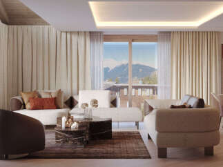Experience luxury living in this stunning property, featuring a beautifully designed living room with breathtaking mountain views.