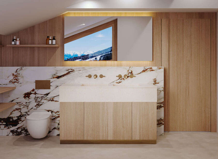 This stunning bathroom boasts a luxurious design with a modern touch.