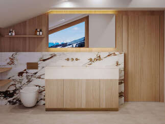 This stunning bathroom boasts a luxurious design with a modern touch.