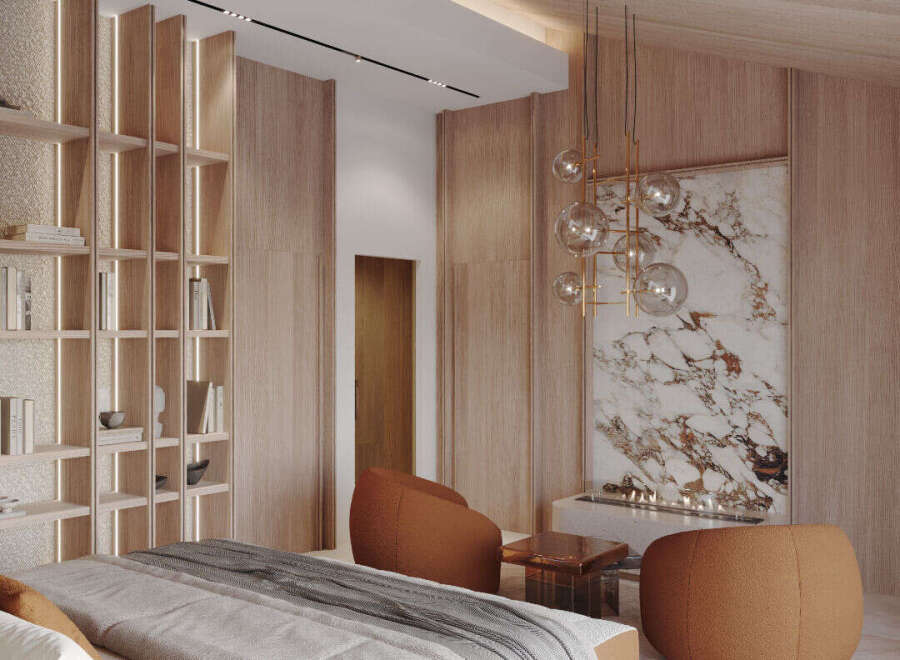 Experience luxury living in this stunning bedroom featuring a modern design and elegant finishes.