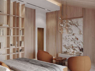 Experience luxury living in this stunning bedroom featuring a modern design and elegant finishes.