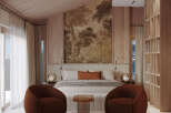 Experience luxury living in this stunning bedroom featuring a cozy seating area and a beautiful view.