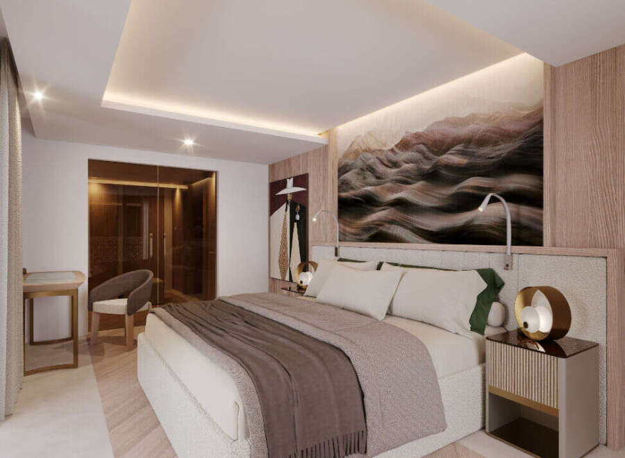 Experience luxury in this stunning bedroom, featuring a modern design and elegant finishes.