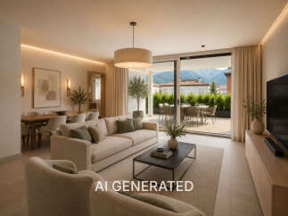 Experience modern living in this beautifully designed open-concept space, featuring a spacious living area with a plush sofa and a sleek coffee table.