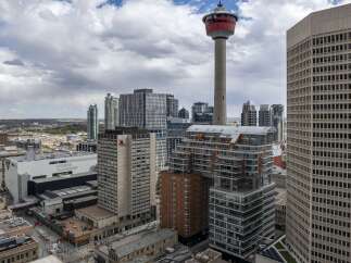 Explore the stunning Calgary skyline with this captivating aerial view.