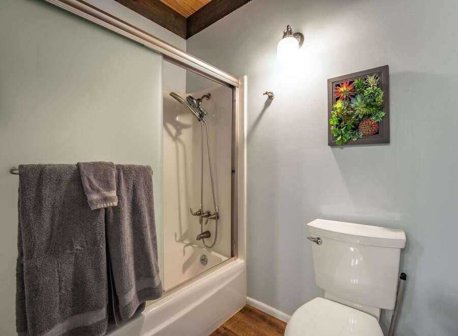 Step into a serene bathroom retreat! This space features a modern shower with a sliding glass door, perfect for a refreshing start to your day.