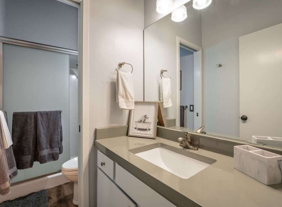 This bathroom features a modern design with a sleek countertop and a stylish sink.