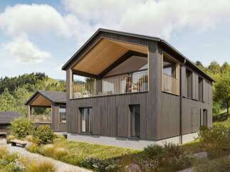 This stunning modern home boasts a unique architectural design with a spacious balcony and wooden accents.