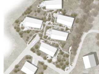 This architectural rendering showcases a modern property layout, featuring multiple buildings strategically placed within a natural landscape.