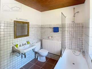 Discover a charming bathroom with classic tiled walls and a warm wooden ceiling.