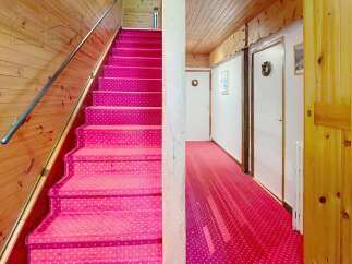 Step into this charming property and be greeted by a vibrant pink carpeted staircase.