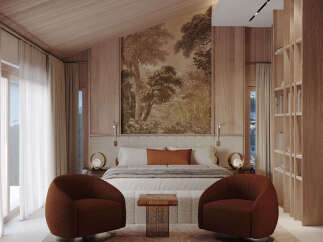 Experience luxury mountain living in this stunning bedroom featuring a vaulted wood-paneled ceiling and a captivating forest mural above the bed.