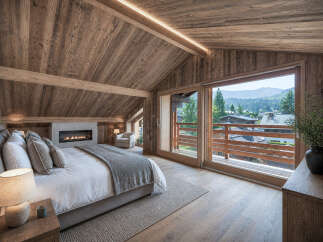 Experience luxury living in this stunning bedroom featuring a cozy fireplace and a breathtaking view.