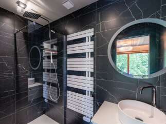 This luxurious bathroom boasts a sleek, modern design with striking black marble walls and a spacious walk-in shower.