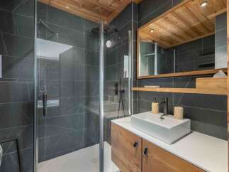 This modern bathroom showcases a sleek design with a spacious walk-in shower and a stylish vanity.