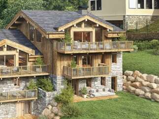Experience luxury mountain living in this stunning chalet, featuring a multi-level design with expansive wooden balconies and a stone base.