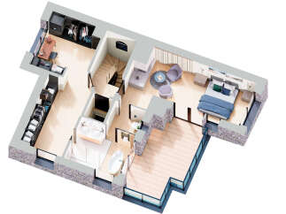 Discover luxury living in this stunning property! This floor plan showcases a modern design with a spacious bedroom, a stylish bathroom with a bathtub, and a cozy living area.