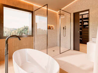 Experience luxury in this stunning bathroom featuring a sleek, modern design.